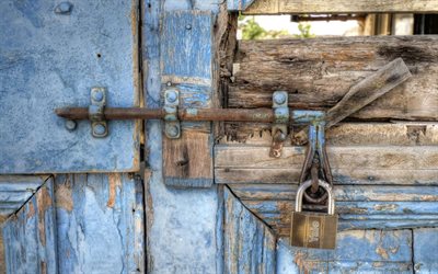 古いドア, 青色の背景, 質感