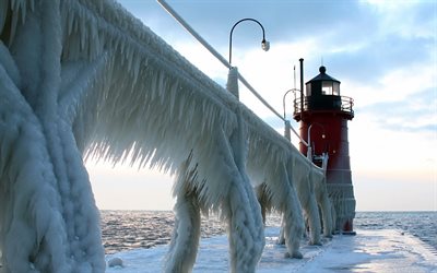 冬, 氷, 灯台, ミシガン湖
