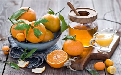 board, tangerines, bank of honey
