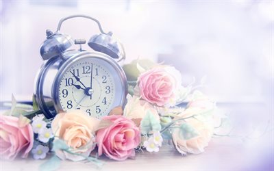 old alarm clock, time, rose