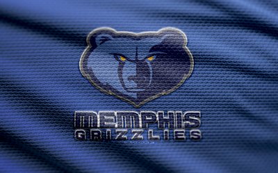 Memphis Grizzlies fabric logo, 4k, blue fabric background, NBA, bokeh, basketball, Memphis Grizzlies logo, Memphis Grizzlies emblem, american basketball team, Memphis Grizzlies