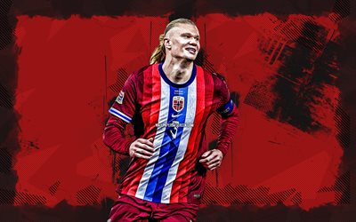 4k, erling haaland, roter grunge  hintergrund, norwegen national football team, norwegen, norwegische fußballer, fußball, erling haaland 4k, nationalmannschaften, erling braut haaland