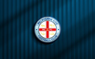 4k, Melbourne City 3D logo, A-League, blue 3D background, soccer, Melbourne City emblem, football, Melbourne City logo, Melbourne City FC, Australian football club, Melbourne City