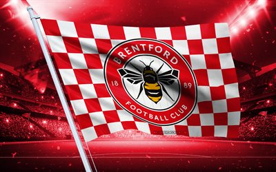 4k, brentford fc logosu, ingiliz futbol kulübü, stadyum bayrağı, brentford fc hayranları bayrağı, kırmızı beyaz bayrak, brentford fc amblemi, premier lig, ingiltere, futbol, brentford fc