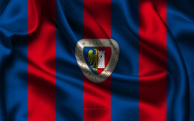 4k, piast gliwice  logo, punainen sininen silkkikangas, puolan jalkapallojoukkue, piast gliwice  tunnus, ekstraklasa, piast gliwice, puola, jalkapallo, piast gliwice  lippu, piast gliwice fc