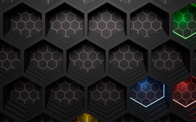 3d altıgen kalıplar, 4k, 3d dokular, geometrik şekiller, yaratıcı, 3d geometrik arka planlar, altıgen kalıpları, altıgenler, siyah geometrik arka planlar