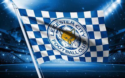 4k, logo fc leicester city, club di calcio inglese, flag di stadio, flag dei fan di leicester city fc, bandiera bianca blu, emblema di leicester city fc, premier league, inghilterra, calcio, leicester city fc, lcfc