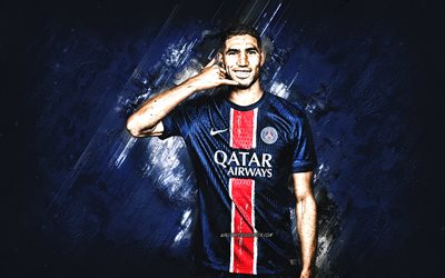 Achraf Hakimi, PSG, Moroccan football player, Paris Saint-Germain, blue stone background, grunge art, Ligue 1, France, football