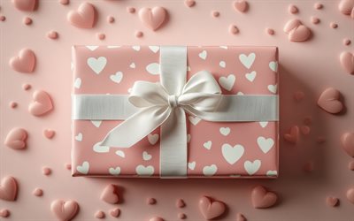 romantisches geschenk, valentinstag, rosa geschenkbox, pinkpapier, pink seidenbank, hintergrund mit herzen, romantik