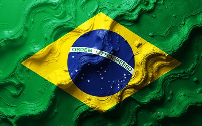 bandiera del brasile, 4k, trama delle onde di pietra, bandiera 3d brasile, sud america, bandiere dei paesi del sud america, brasile, bandiera brasiliana