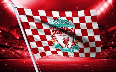 4k, liverpool fc logosu, ingiliz futbol kulübü, stadyum bayrağı, liverpool fc hayranları bayrağı, kırmızı beyaz bayrak, liverpool fc amblemi, premier lig, ingiltere, futbol, liverpool fc