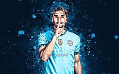 Omar Marmoush, 4k, blue neon lights, Manchester City FC, Premier League, Egyptian footballers, Omar Marmoush 4k, football, soccer, Man City, Omar Marmoush Manchester City