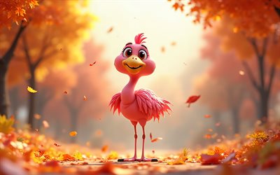 4k, flamingo de desenho animado, outono, queda de folhas, pássaros animados em 3d, bokeh, pássaros felizes, flamingo 3d, animais felizes, pássaros 3d, flamingo, pássaros de desenhos animados, flamingos