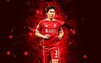 4k, Wataru Endo, red abstract background, Liverpool FC, Premier League, japanese footballers, Wataru Endo 4K, soccer, red neon lights, LFC, football, Wataru Endo Liverpool