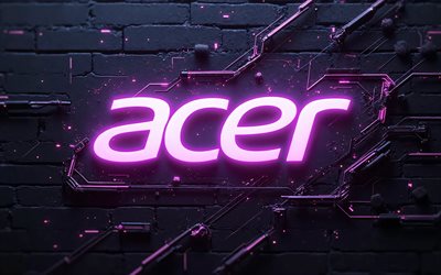 4k, lila neon logo von acer, bokeh, schwarzer high tech hintergrund, mikroschaltungen, dirigenten, elektronikmarken, kreativ, acer logo auf mikroschaltung, marken, acer neon logo, kunstwerk, acer logo, acer