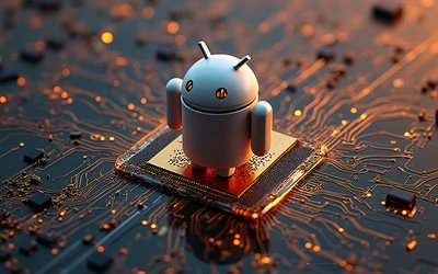 robot android 3d, logotipo marrón de android 3d, 4k, fondo marrón, emblema de android, logotipo de android, signo de lenovo, arte 3d, androide, logotipo de android 3d