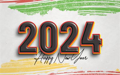 2024 Happy New Year, 4k, black 3D digits, 2024 white background, 2024 concepts, retro style, 2024 golden digits, xmas decorations, Happy New Year 2024, creative, 2024 year, Merry Christmas