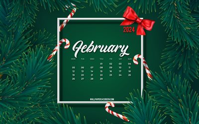 4k, 2024年2月カレンダー, 緑のクリスマスツリーフレーム, 緑の木の背景, 2024概念, 2月, 緑の松の枝, 2024カレンダー