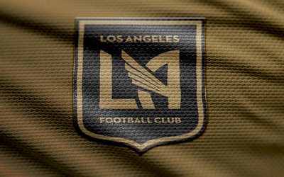 Los Angeles FC fabric logo, 4k, brown fabric background, MLS, bokeh, soccer, Los Angeles FC logo, football, Los Angeles FC emblem, Los Angeles FC, american soccer club, LAFC