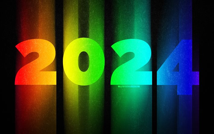 2024年明けましておめでとうございます, 4k, 虹色の数字, 2024黒い背景, 2024概念, 2024虹色の数字, 明けましておめでとう2024, クリエイティブ, 2024年
