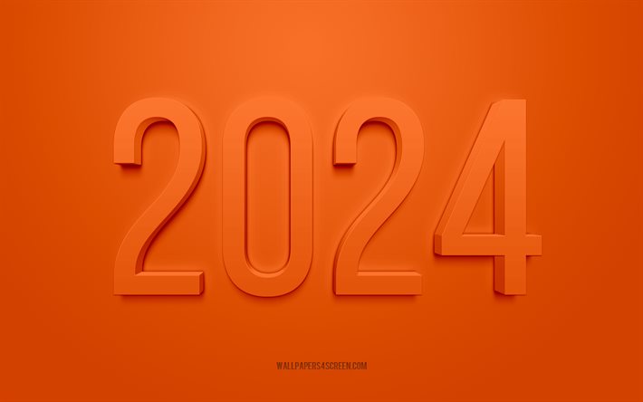 2024 Happy New Year, orange background, 2024 greeting card, Happy New Year, orange 2024 background, 2024 concepts