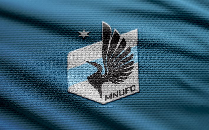 minnesota united fabric  logo, 4k, sininen kangas tausta, mls, bokeh, jalkapallo, minnesota united  logo, minnesota united  tunnus, minnesota united, amerikkalainen jalkapalloseura, minnesota united fc