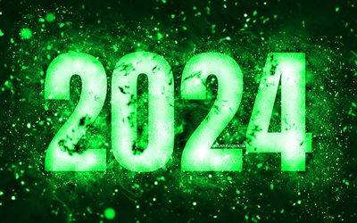 4k, feliz ano novo 2024, luzes de neon verdes, 2024 conceitos, 2024 feliz ano novo, arte de neon, criativo, 2024 fundo verde, 2024 anos, 2024 dígitos verdes