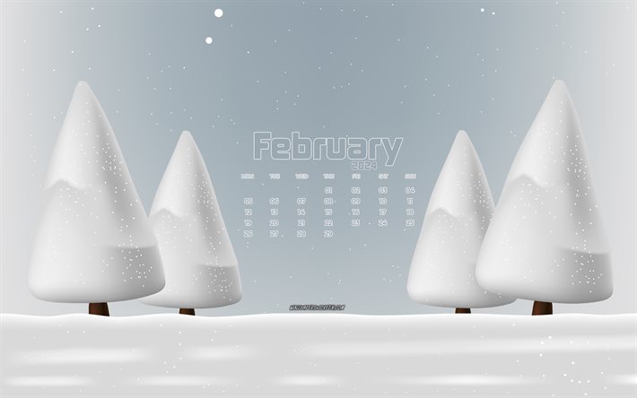 2024 februari kalender, 4k, vinterlandskap, snö, februari, vinterkoncept, februari 2024 kalender, 2024 koncept, 3d julgranar