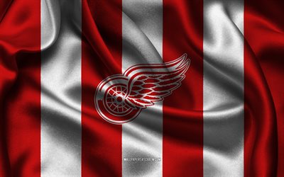 4k, logo di detroit red wings, tessuto di seta bianca rossa, team di hockey americana, emblema di detroit red wings, nhl, ali rosse di detroit, stati uniti d'america, hockey, flag di detroit red wings