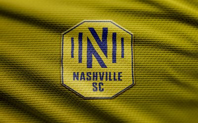 Nashville SC fabric logo, 4k, yellow fabric background, MLS, bokeh, soccer, Nashville SC logo, football, Nashville SC emblem, Nashville SC, american soccer club, Nashville FC