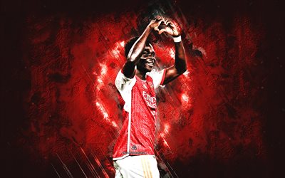 bukayo saka, arsenal fc, engelska fotbollsspelare, röd stenbakgrund, elitserien, engelska, fotboll