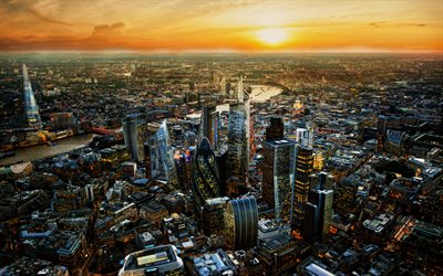 London, 4k, english cities, HDR, 30 St Mary Axe, The Shard, England, Great Britain, London cityscape, London panorama, skyline citiscapes