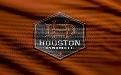 Houston Dynamo fabric logo, 4k, orange fabric background, MLS, bokeh, soccer, Houston Dynamo logo, football, Houston Dynamo emblem, Houston Dynamo, american soccer club, Houston Dynamo FC