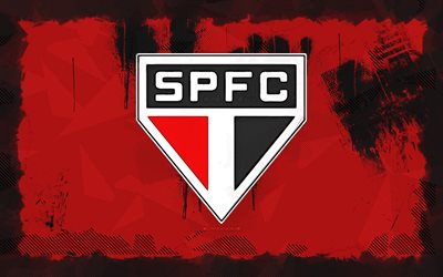 sao paulo fc grunge  logotyp, 4k, brasiliansk serie a, röd grunge bakgrund, fotboll, sao paulo fc emblem, sao paulo fc  logotyp, sao paulo fc, brasiliansk fotbollsklubb, spfc