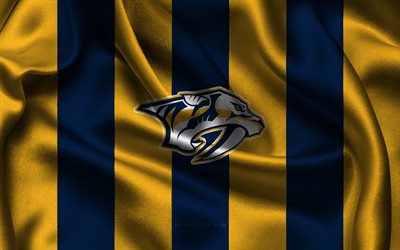 4k, logo nashville predators, tissu de soie jaune bleu, équipe de hockey américaine, emblem de nashville predators, dans la lnh, prédateurs de nashville, etats unis, le hockey, drapeau des prédateurs de nashville