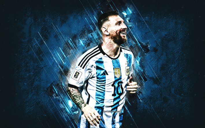 lionel messi, argentiinan kansallinen jalkapallojoukkue, argentiinalainen jalkapalloilija, maailman jalkapallotähti, sininen kivitausta, argentiina, jalkapallo, leo messi