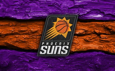 logo en bois des phoenix suns, 4k, fond en bois orange violet, nba, basket ball, logo des phoenix suns, emblème des phoenix suns, équipe américaine de basket ball, soleils de phénix