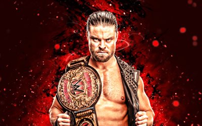 JD McDonagh, 4k, red neon lights, WWE, creative, american wrestler, Jordan Devlin, JD McDonagh with belts, blue abstract background, World Wrestling Entertainment, wrestlers, JD McDonagh 4K