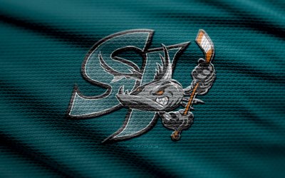 San Jose Barracuda fabric logo, 4k, turquoise fabric background, AHL, bokeh, hockey, San Jose Barracuda logo, football, San Jose Barracuda emblem, american hockey team, San Jose Barracuda