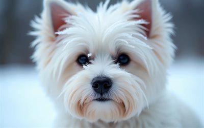 4k, maltais, bokeh, hiver, chiens, museau, animaux mignons, animaux de compagnie, chien en forêt, chien maltais