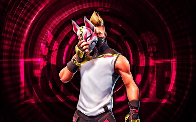 deriva fortnite, 4k, fondo espiral rojo, fortnite, creativo, piel de deriva, piel de deriva fortnite, deriva, personajes fortnite