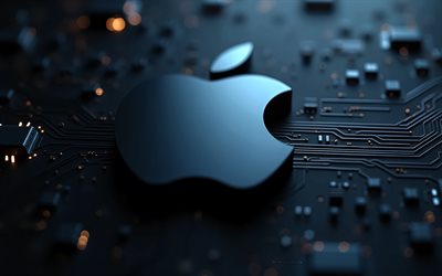 dunkelblaues apple logo, 4k, verwischen, blauer technologiehintergrund, apple emblem, goldenes 3d logo von apple, apfelblaues schild, dunkelblaues motherboard, apple zeichen, apple logo, apfel