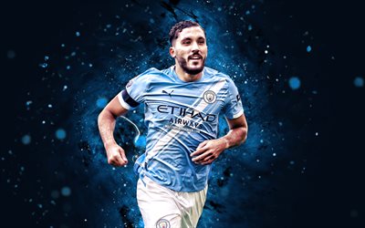 4k, rayan cherki, creativo, ciudad de manchester, primera división, futbolistas franceses, luces de neón azules, rayan cherki 4k, fútbol americano, fútbol, manchester city fc, hombre de la ciudad, rayan cherki manchester city