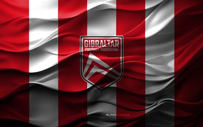 4k, logo de l'équipe nationale de football de gibraltar, fond 3d blanc rouge, europe, emblème de l'équipe nationale de football de gibraltar, drapeau de l'équipe nationale de football de gibraltar, textures 3d, équipe nationale de football de gibraltar, football, gibraltar