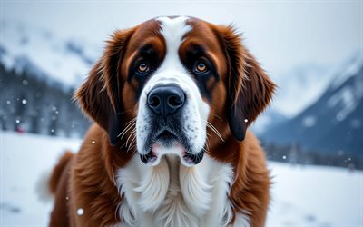 4k, bernhardiner, winter, bokeh, wald, hunde, schnauze, süße tiere, haustiere, hund im wald, bernhardiner hund