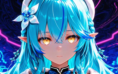 yukihana lamy, 4k, fondo abstracto azul, youtuber virtual, creativo, vtuber, chica con ojos amarillos, hololive, manga, canal yukihana lamy, youtuber virtual yukihana lamy