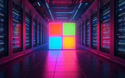 4k, leuchtendes microsoft logo, bokeh, softwaremarken, racks für rechenzentren, kunstwerk, microsoft logo, dunkelheit, neon logo von microsoft, marken, microsoft