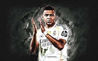 kylian mbappé, real madrid, fondo de piedra blanca, estrellas del futbol mundial, futbolista francés, real, la liga, españa, real madrid cf, fútbol americano, kylian mbappé real madrid