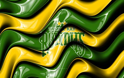 logotipo 3d de los rowdies de tampa bay, 4k, ondas 3d amarillas verdes, usl, fútbol americano, bandera de los alborotadores de tampa bay, logotipo de los tampa bay rowdies, los alborotadores de la bahía de tampa, campeonato de la usl, fútbol, tampa bay rowdies fc