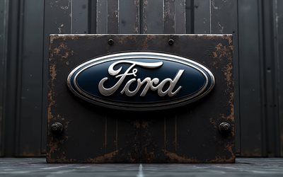 logo ford blu, sfondo grunge metallo nero, marchio ford, emblema della ford, segno ford, sfondo nero, arte del grunge, guado, logo ford in metallo 3d